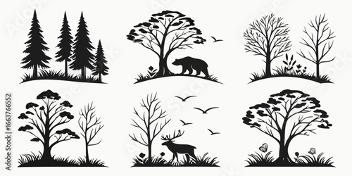 Diverse Forest Silhouettes with Wildlife and Birds