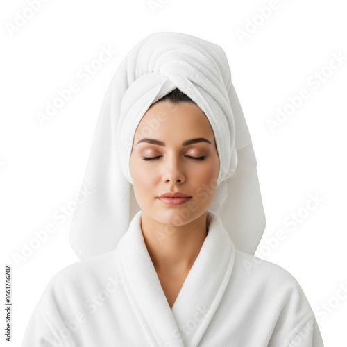 Relaxed woman wearing white towel and robe peaceful skincare self-care routine transparent background