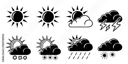 Diverse Weather Icons Collection with Sun, Clouds, and Storms