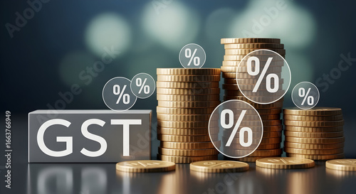 Stacks of gold coins with percent symbols above and white block labeled “GST” — tax rate increase concept, percentages, financial burden and revenue illustration
