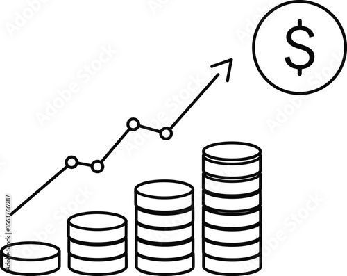Flat vector illustration of a financial growth chart with dollar coins, representing investment, economy, and business success concepts