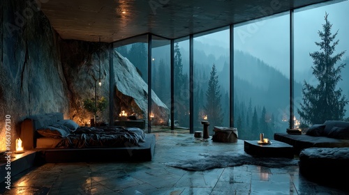 Modern cave-like bedroom with mountain view