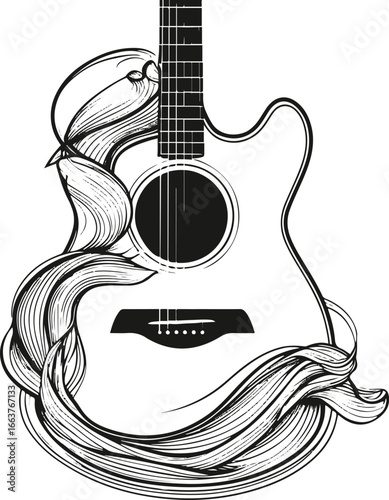 Line art of a guitar where strings transform into wave patterns, bold smooth outline 1.