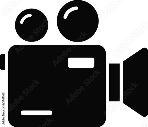 Flat vector illustration of a vintage movie camera icon, representing filmmaking, video production, cinema, and media concepts
