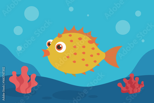 A charming cartoon illustration of a yellow pufferfish swimming near coral, creating a vibrant and playful underwater scene