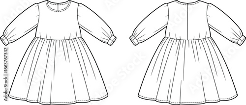 Long sleeve baby dress sketch, round neck gathered dress flat, toddler outfit technical drawing, kids fashion vector template, CAD drawing flat vector illustration