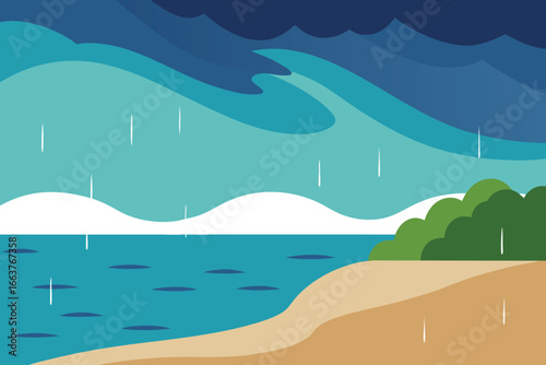 A serene coastal landscape featuring a sandy beach, stormy sea, and rain clouds, creating a dramatic yet tranquil scene