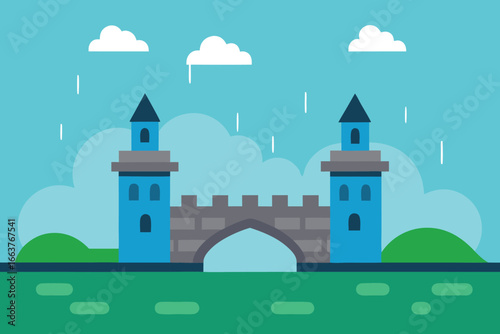 Majestic castle with towering structures and a stone bridge, reflecting historical architecture and cultural heritage in a scenic landscape