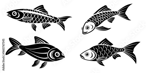 Four Stylized Black Fish Illustrations on White Background