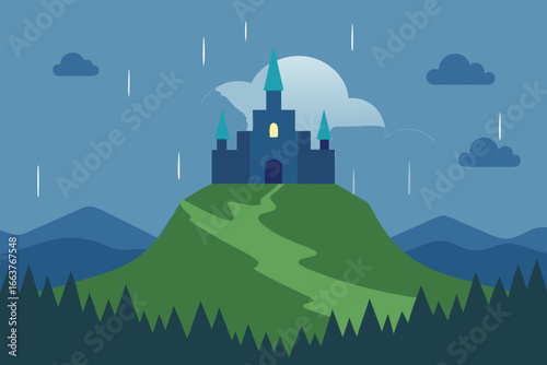 A whimsical castle perched atop a verdant hill under a rainy night sky, illuminated by the moon, creating a magical and enchanting landscape