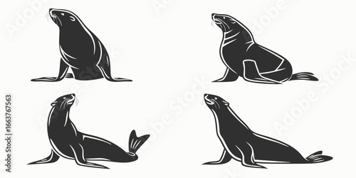 Four Stylized Seal Illustrations in Black and White