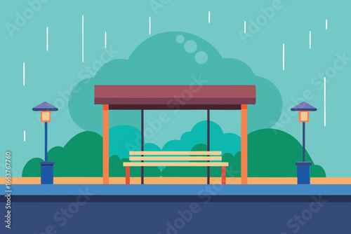 A serene bus stop with a bench under the rain, offering a moment of respite in the city, creating a peaceful and inviting urban scene
