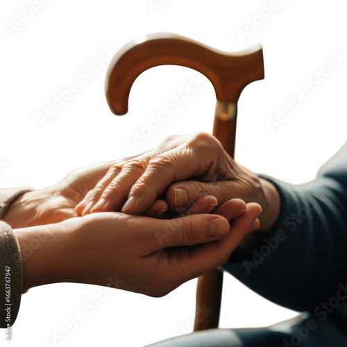 Close up of two hands gently holding a wooden cane symbolizing care and support transparent background