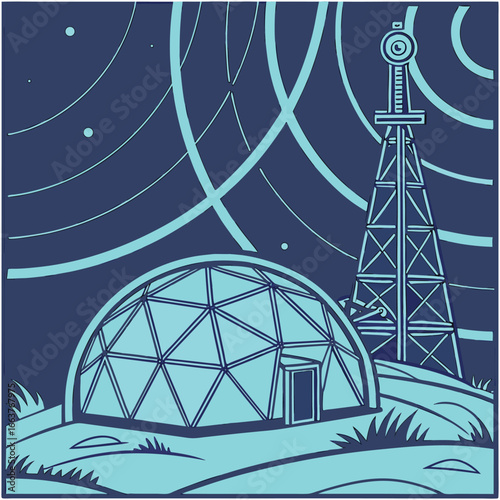 Futuristic geodesic dome and tower under abstract sky digital art polygonal