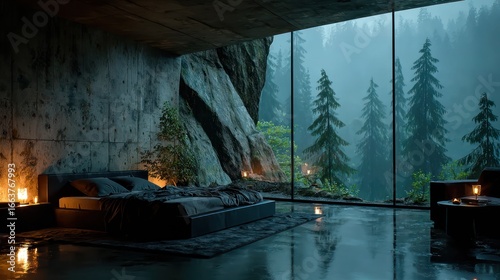 Modern cave-like bedroom with mountain views