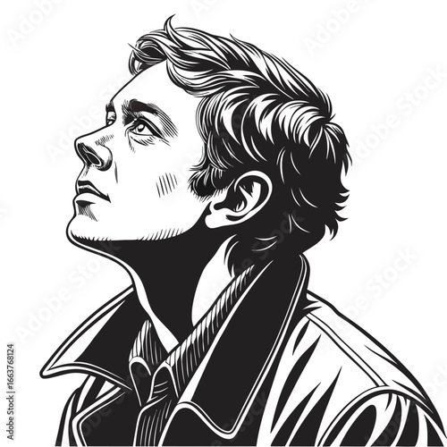 Man looking up in profile with dramatic shading black and white
