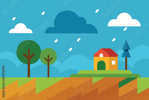 A quaint countryside landscape featuring a small house nestled on a hill, surrounded by trees under a cloudy and rainy sky, creating a serene scene