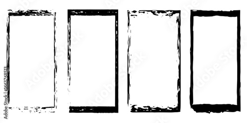 Four grunge rectangular frames with rough textured edges and blank white centers for design elements white background
