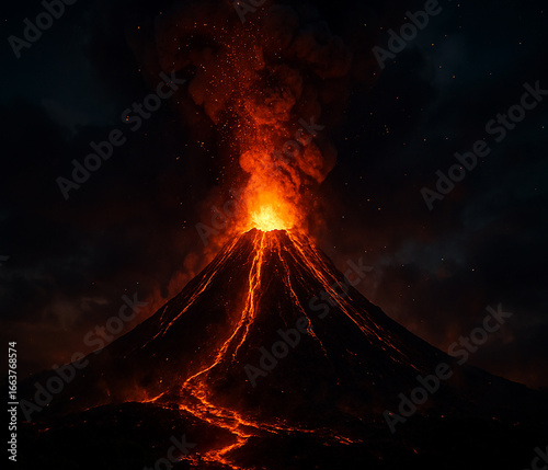 Dramatic Volcano Eruption at Night A Fiery Display of Nature's Power and Destruction