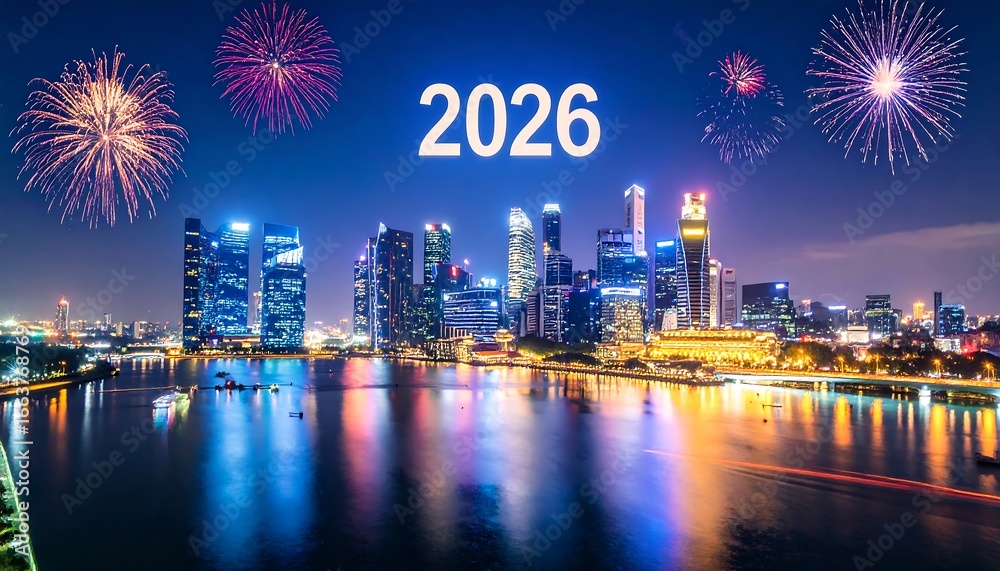 Obraz premium A vibrant cityscape at night, illuminated by colorful lights, with fireworks exploding above, celebrating the new year 2026.