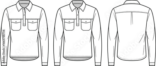 Long sleeve shirt front back view, detailed stitching and pocket layout, cad drawing flat vector illustration, fashion garment sketch templateLong sleeve shirt front back view, detailed