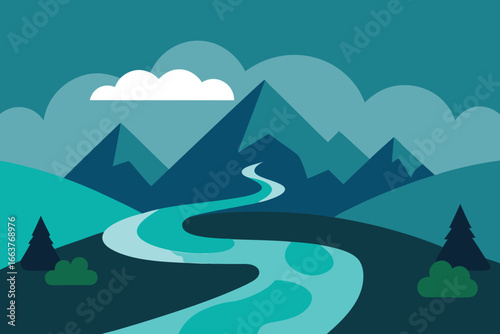 A scenic mountain landscape with a winding river, lush green hills, and a cloudy sky, creating a serene and peaceful natural environment