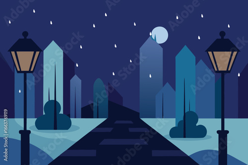 A serene city night scene with illuminated street lamps, modern buildings, and a full moon, creating a peaceful and tranquil urban environment