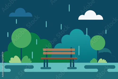 Park bench in the rain with trees and clouds, a tranquil outdoor scene in natures embrace, perfect for relaxation and contemplation