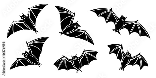 Set of Stylized Black Bats in Flight