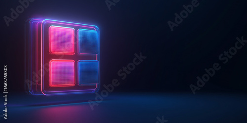 A web browser icon with floating 3D tabs, neon wireframe effect, dark futuristic interface