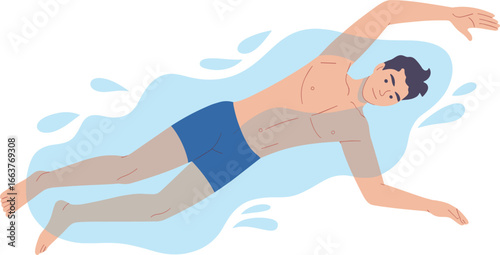 Man swimming freestyle stroke in water, flat vector illustration, healthy lifestyle, swimming technique, sport activity, aquatic workout, fitness concept