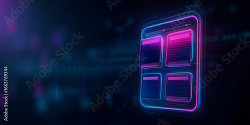 A web browser icon with floating 3D tabs, neon wireframe effect, dark futuristic interface