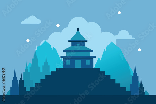 A serene blue landscape featuring an asian temple atop a mountain with clouds in the sky, evoking a sense of peace and cultural richness