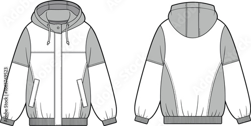Men’s color - block hooded jacket CAD drawing flat vector illustration, front & back view, drawstrings, pockets, ribbed hem, casual outerwear technical sketch