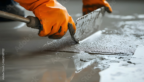 Wallpaper Mural Close-up of flooring application of self leveling screed with steel trowel tool, using orange protective gloves Torontodigital.ca