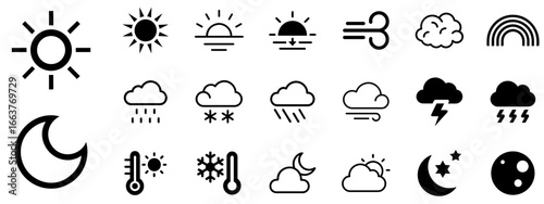 Weather Sky Icons Set - Sun, Moon, Clouds, Rain, Snow, Thunderstorms, Thermometer, Weather Symbols for Creative Projects, UI Design, Illustration, Presentation
