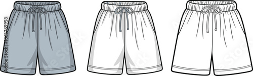 Men's athletic shorts front view, drawstring waistband design, detailed technical illustration, vector fashion template, sportswear mockup for apparel design, clothing flat sketch