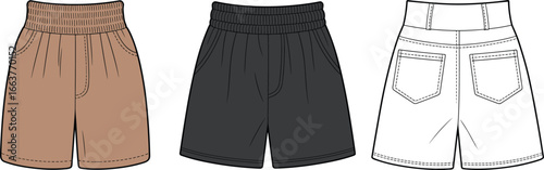 Men's casual shorts front and back view, elastic waistband, flat vector fashion sketch, CAD clothing design, technical illustration, apparel template for garment production