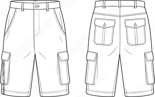 men's cargo shorts flat front and back technical sketch, cad drawing, vector illustration, fashion template, summer shorts design, pocket style pants mockup