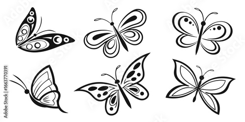 Six Stylized Black and White Butterfly Designs