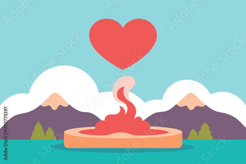 Romantic mountain landscape with a heart above a love fountain, a serene and beautiful scene for valentines day and other special occasions