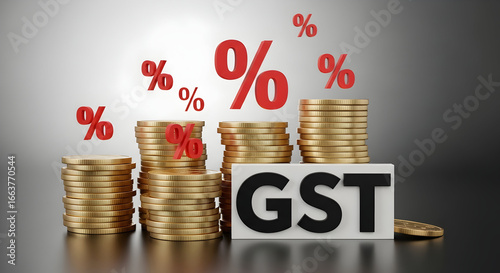 Stacked gold coins next to white block labeled “GST” — Goods and Services Tax concept, taxation, finance and indirect tax compliance