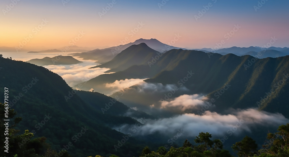 Obraz premium Majestic mountain peaks rise above a serene sea of clouds during a stunning golden sunrise, illuminating the vast, tranquil landscape
