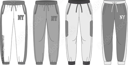 Modern jogger pants set technical sketch, cad vector drawing, sporty design with NY print, drawstring waist, contrast panels, fashion streetwear apparel illustration