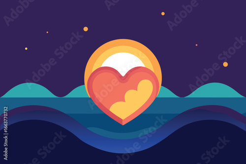Romantic sunset with heart shape over the sea, a vector illustration for valentines day celebration and love themed graphic design projects