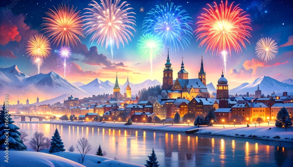 Fototapeta premium Enchanting winter celebration with colorful fireworks lighting up a historic city nestled beside a tranquil river