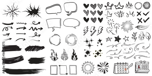 Collection of hand-drawn doodle elements arrows stars hearts speech bubbles and more creative designs white background