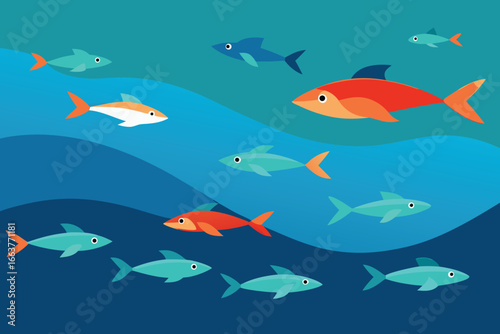 A vibrant school of fish swims gracefully through the deep blue sea, creating a mesmerizing underwater scene full of life and color