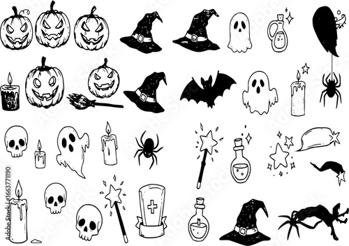 halloween icons set and magic set of hand drawn
