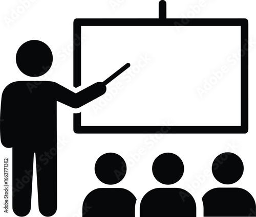 Black and white flat vector illustration of a teacher presenting to a classroom for education and business concepts